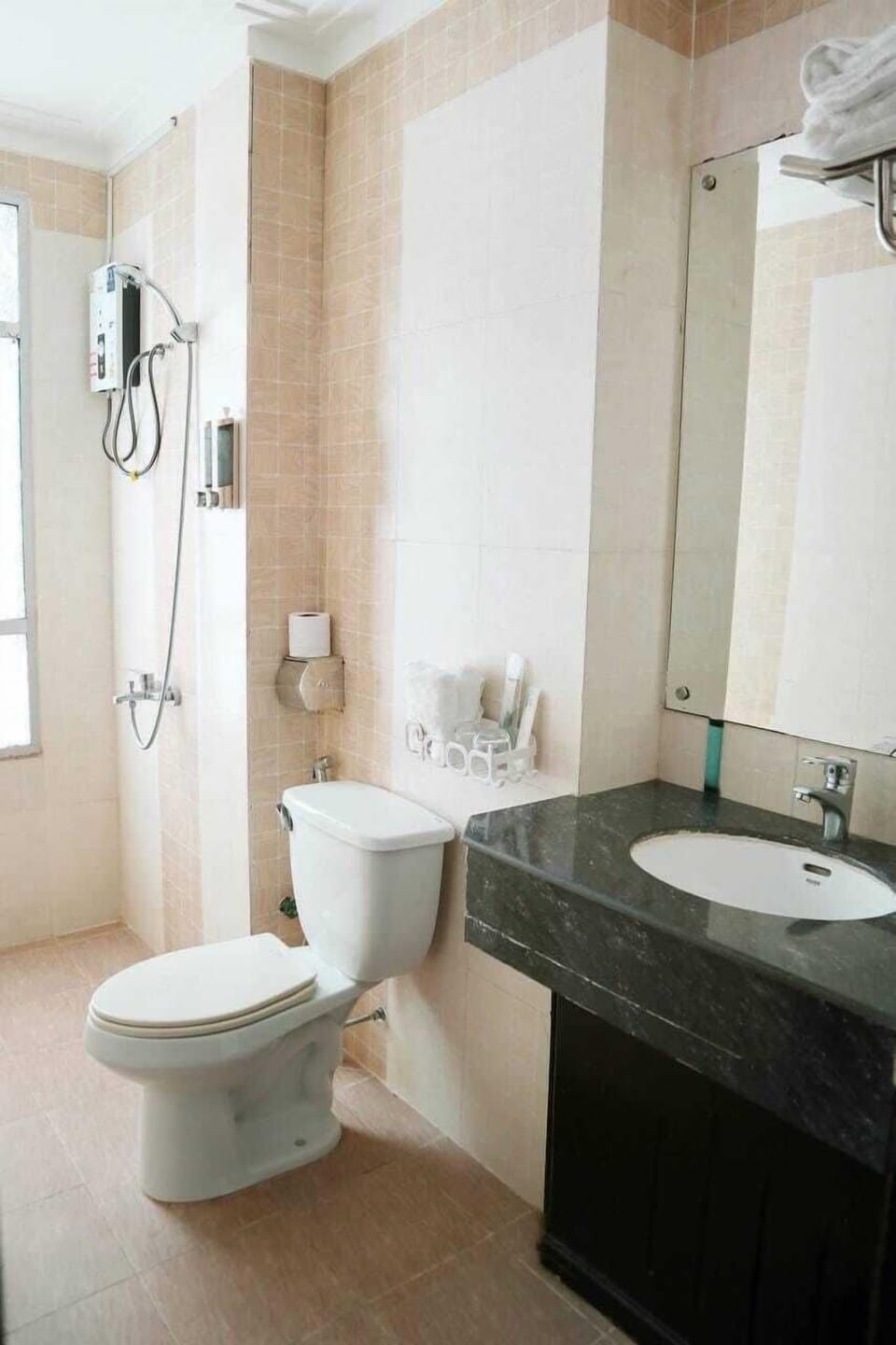 Shower, towels, soap, shampoo