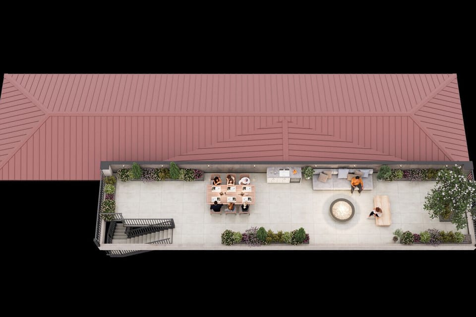 Artistic depiction of the rooftop deck plan.