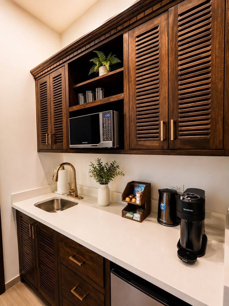 Coffee/tea maker, mini-fridge, microwave, highchair
