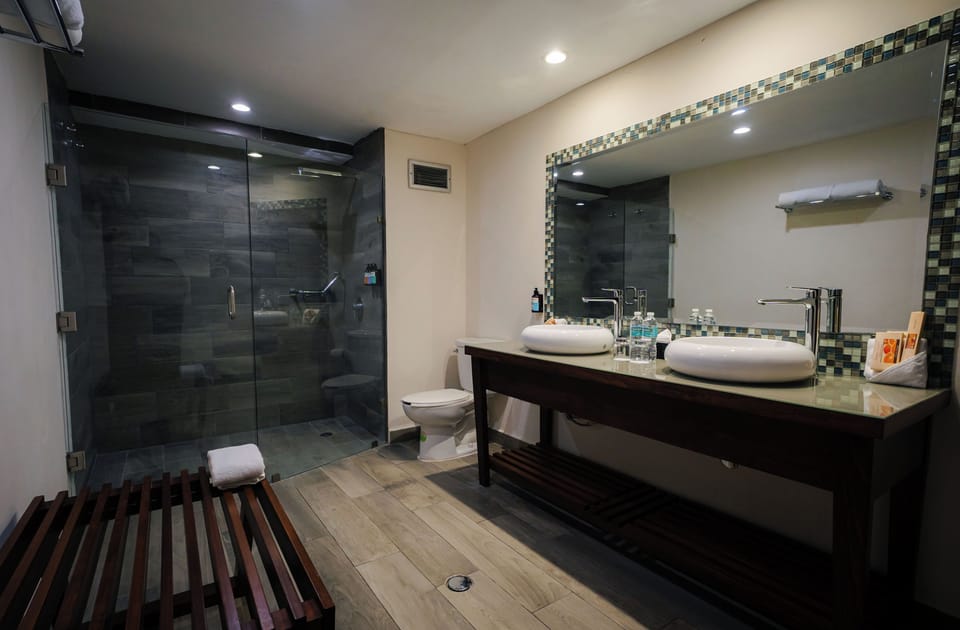 Deluxe Studio Suite, Sea View | Bathroom | Shower, hair dryer, towels, soap