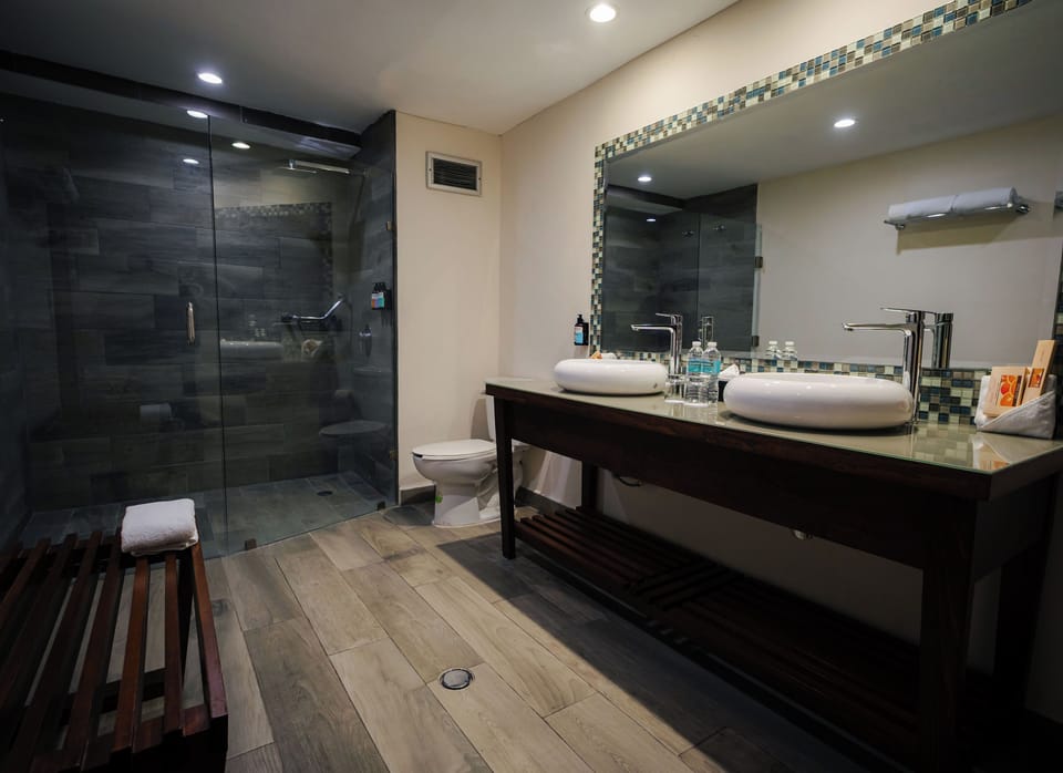 Deluxe Studio Suite, Sea View | Bathroom | Shower, hair dryer, towels, soap