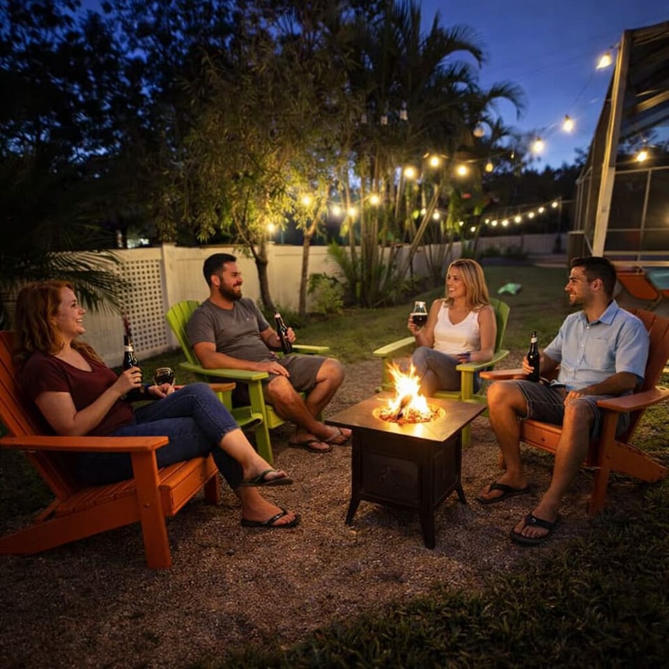 Unwind with a drink around the crackling fire pit — the perfect nightcap after a day at the pool.