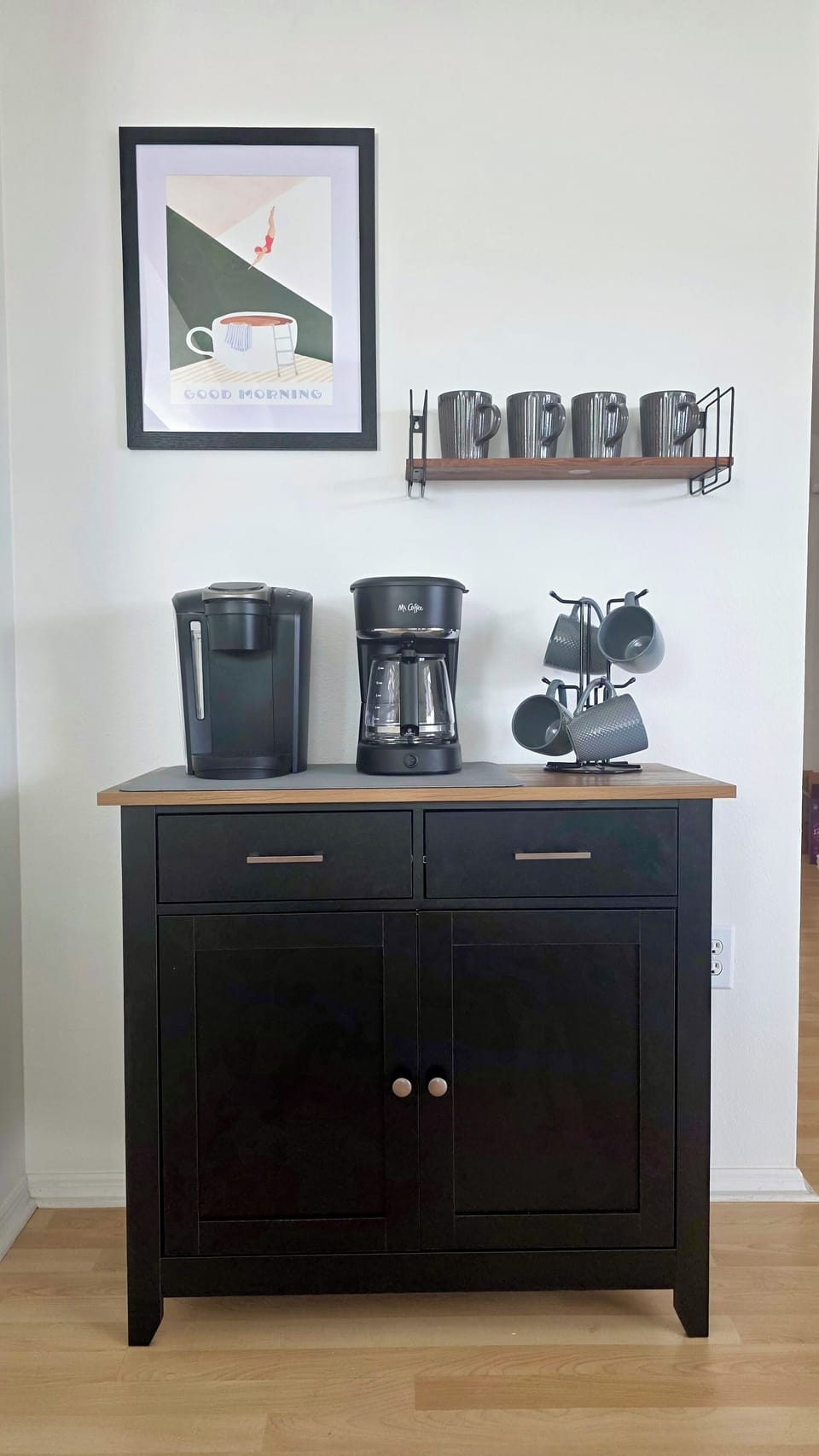 Beverage station with Keurig and drip coffee maker on dark buffet cabinet