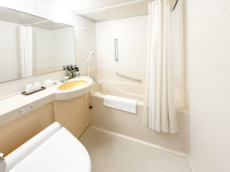 Combined shower/tub, hair dryer, towels, shampoo