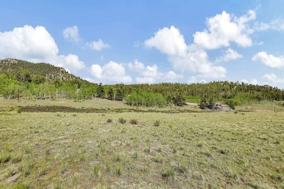 Expansive view of the open meadow and tree-covered hills surrounding the cabin.