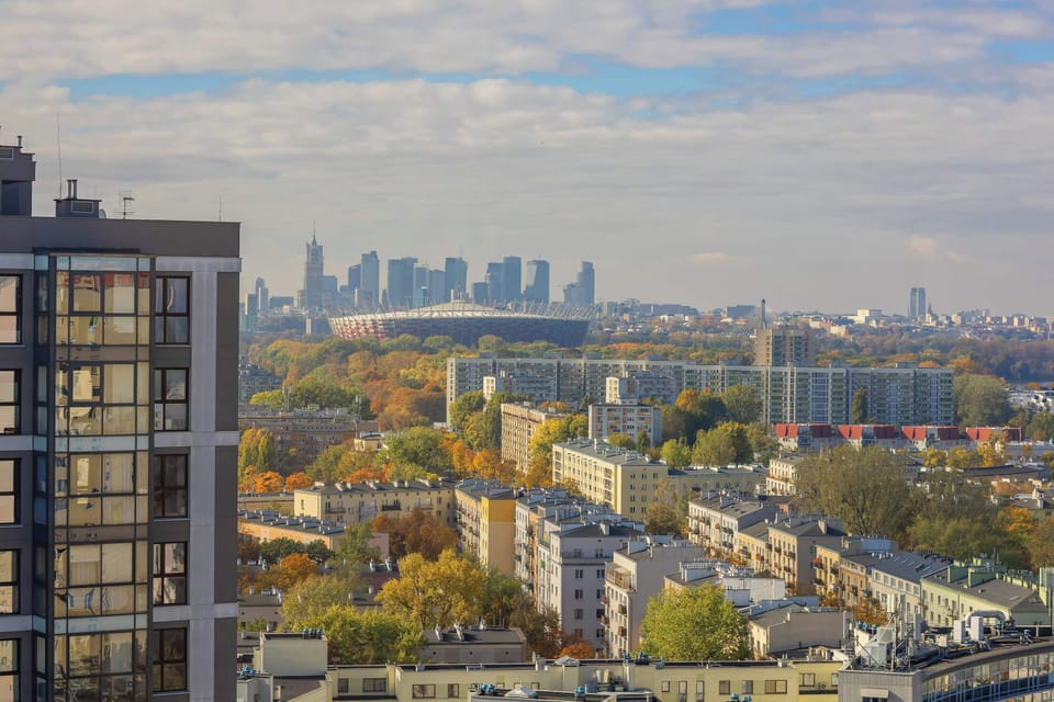 Balcony view of central Warsaw and surrounding neighborhoods.