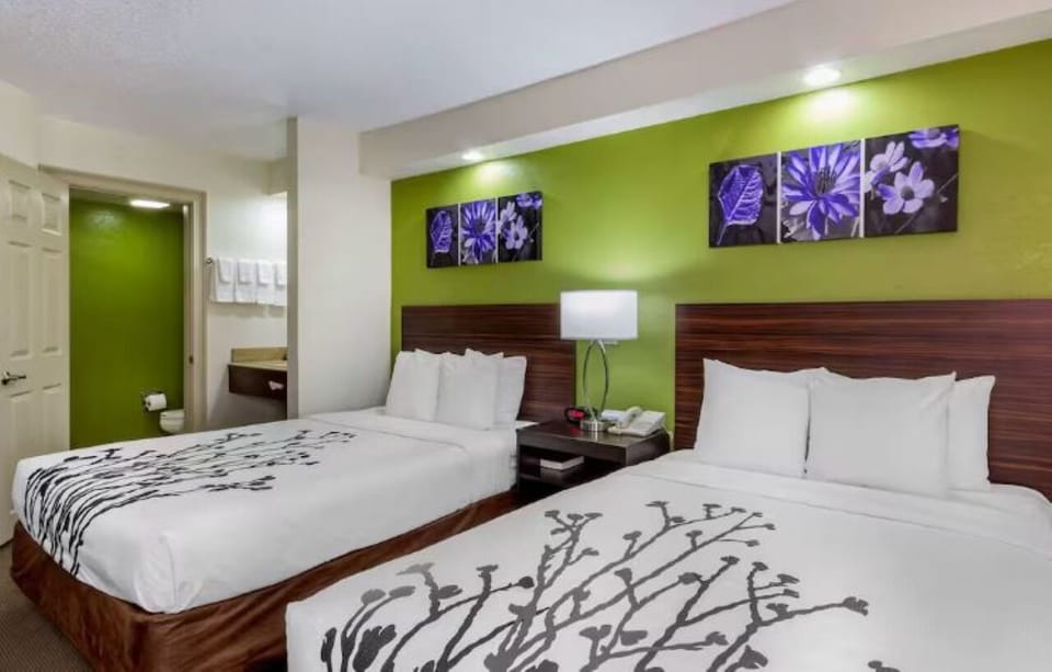Settle in comfortably with two beds and soothing accent wall.
