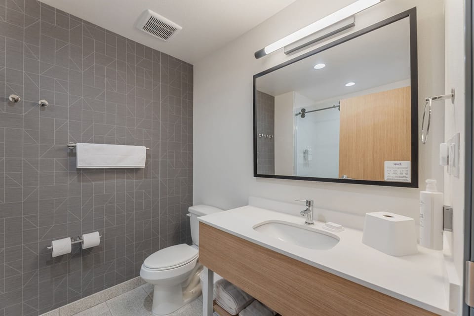 Hair dryer, towels, soap, shampoo