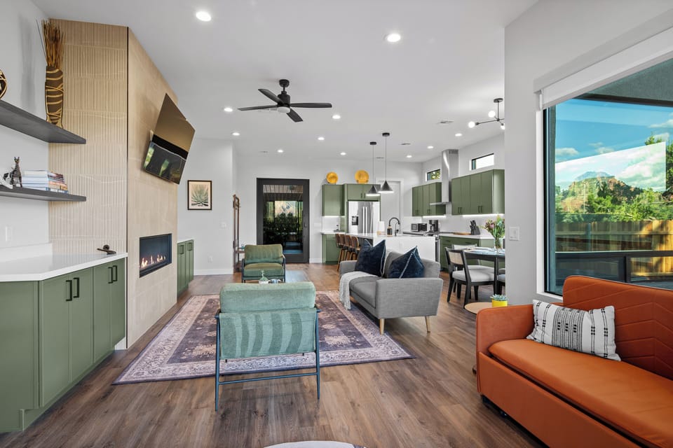 The living area, looking toward the front door