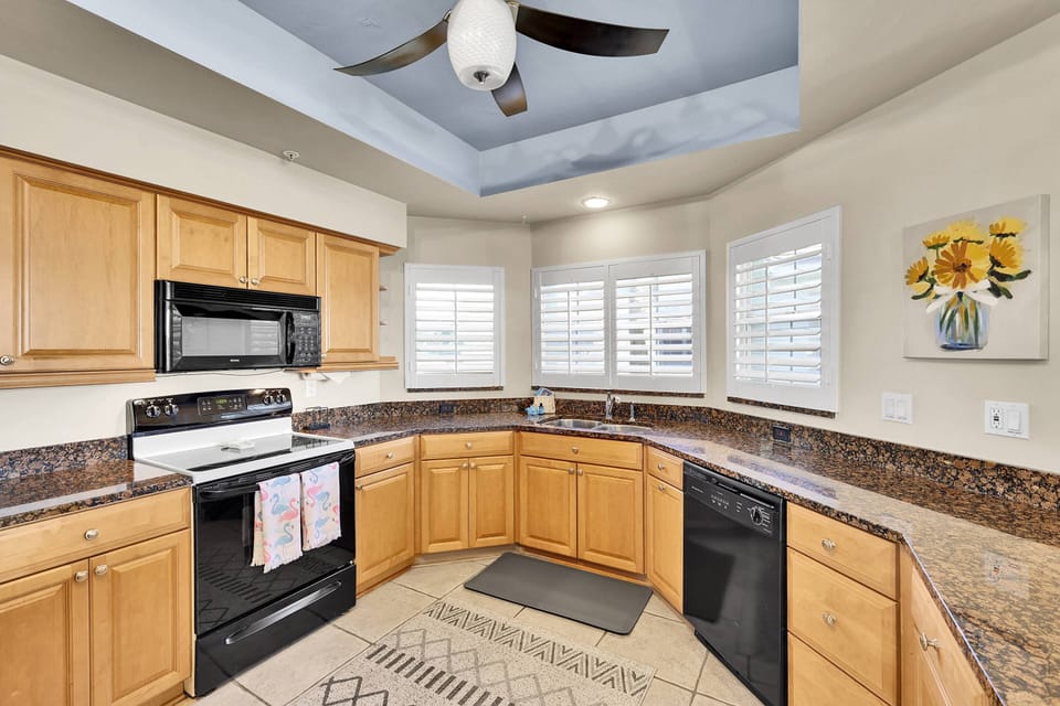 Cookware, dinnerware, many kitchen tools and small appliances are provided for your use.