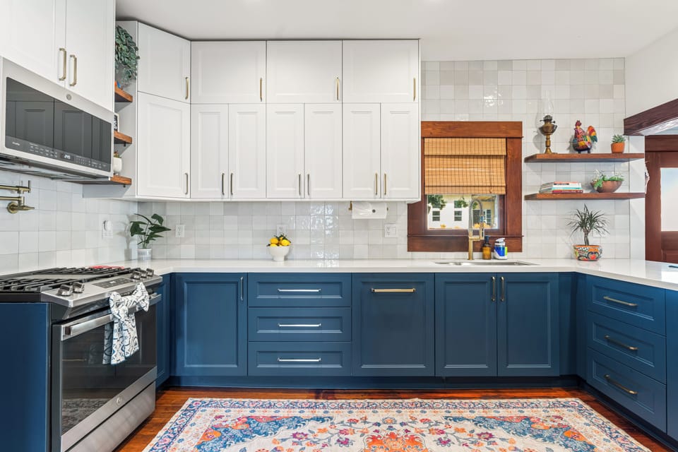Fully stocked kitchen with large counter space. 