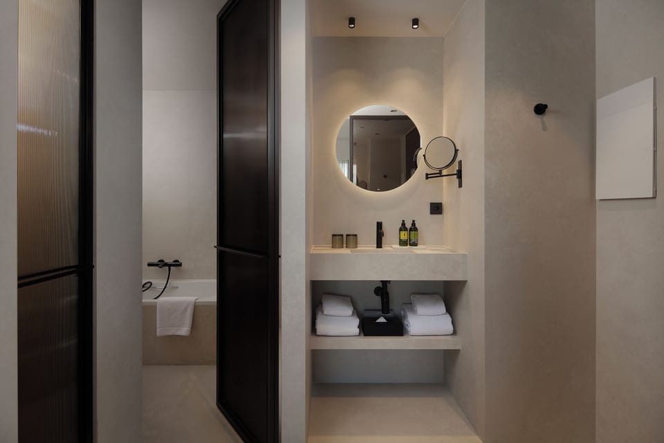 Hair dryer, slippers, towels, soap