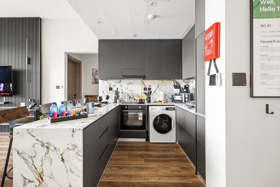 Modern kitchen, Dining area with open living space