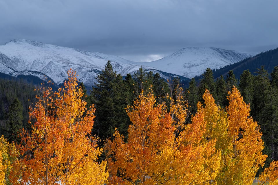 Stunning mountain landscape featuring snow-capped peaks and vibrant autumn foliage creating a dramatic seasonal contrast in the surrounding wilderness area.
