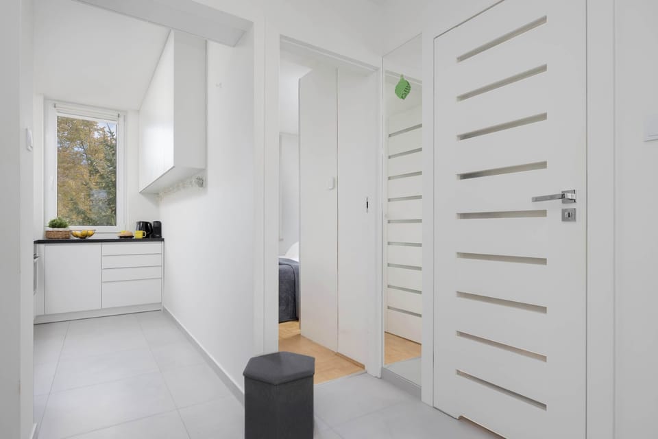The kitchen's contemporary decor complements the apartment's style.