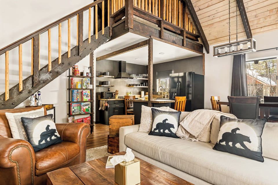 Hideaway A-Frame | Living area | 55-inch Smart TV with digital channels, fireplace, pay movies