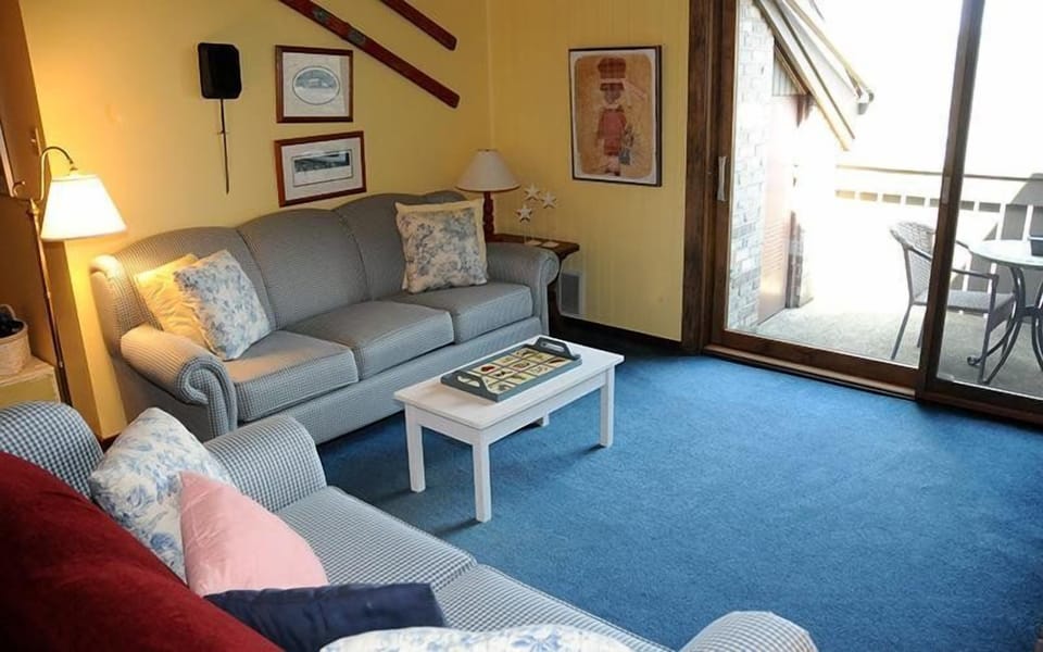 The cozy living room features comfortable seating, a coffee table, and large windows that let in natural light.