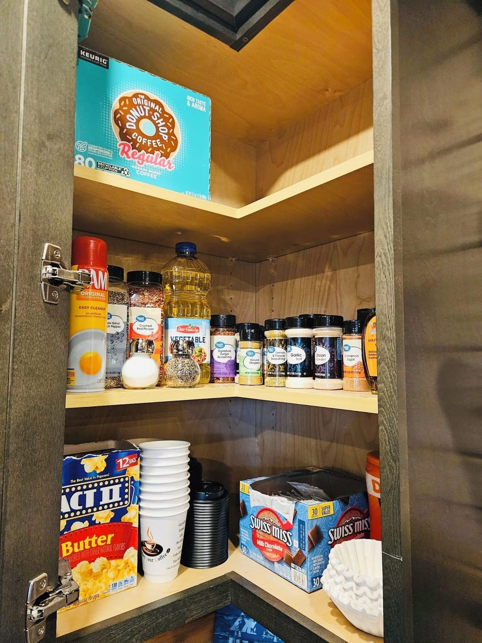 Variety of cooking spices, cooking spray,  popcorn, & hot cocoa provided.