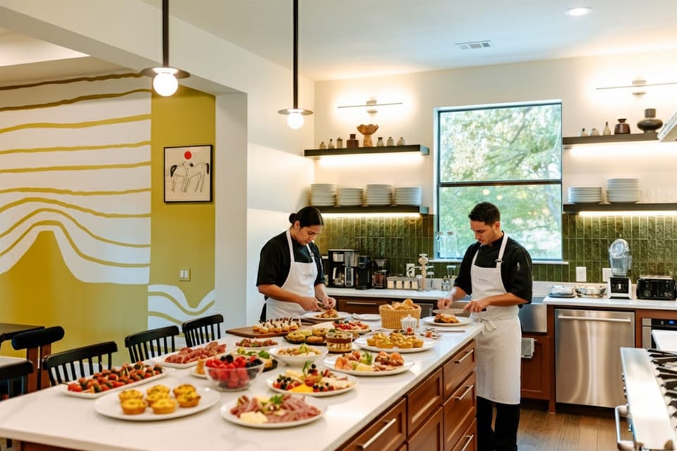Built for groups who want more. Professional caterers prepare a spread across the 12-foot island in the chef's kitchen at this Texas Airbnb near Dallas. Perfect for family reunion feasts and celebration dinners at this DFW retreat.