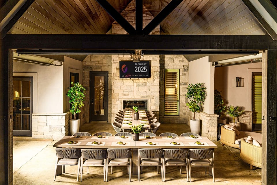 The perfect setting for group dinners. The covered pavilion seats 24+ with exposed beams at this luxury Texas Airbnb near DFW. Ideal for family reunion gatherings and celebration weekends under the lights near Dallas.