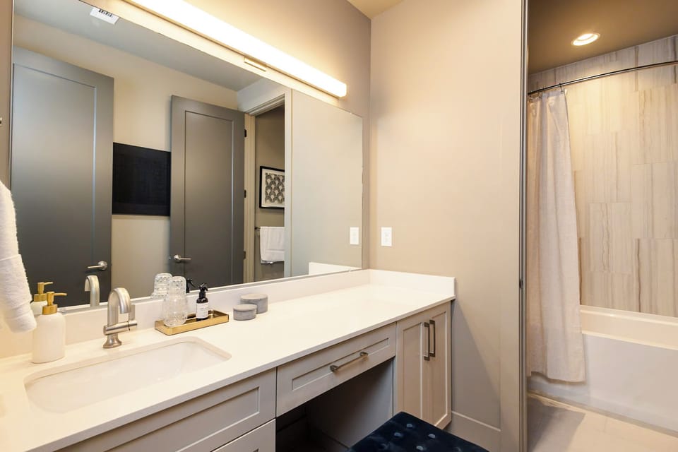 Upstairs bathroom designed with luxury shampoo, conditioner, and body wash with provided hair dryer