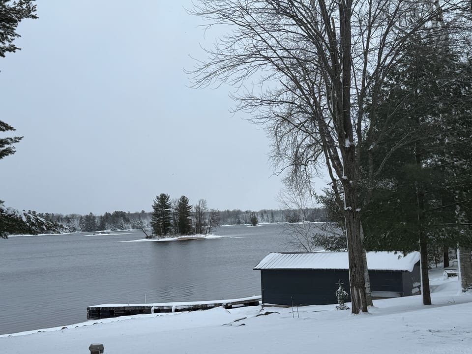 Taken from next door. Boat house, dock and one of the islands in front of house.