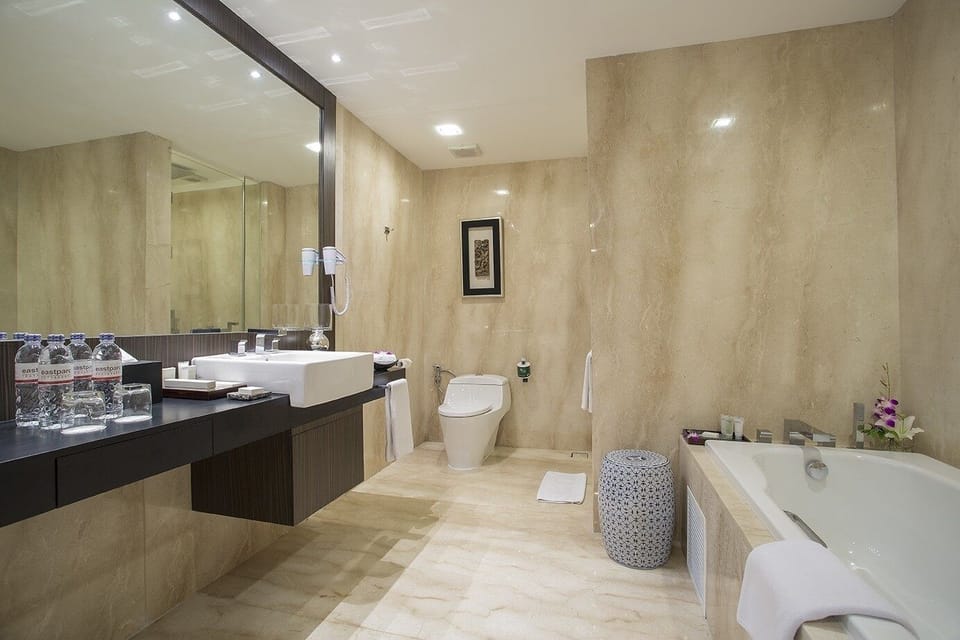 Hair dryer, slippers, towels, soap