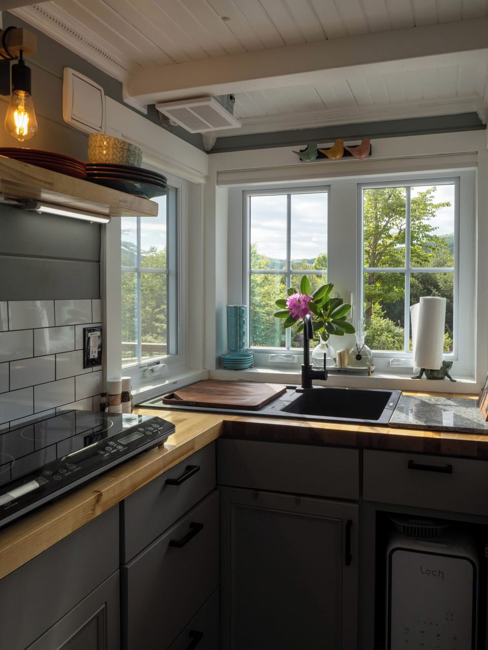 SMEG, ALL Clad, induction cooktop, luxe tiny kitchen with picture window views