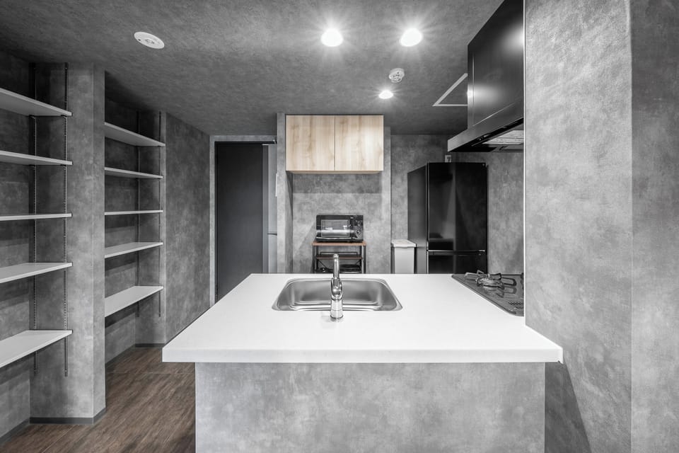 Fridge, microwave, stovetop, electric kettle