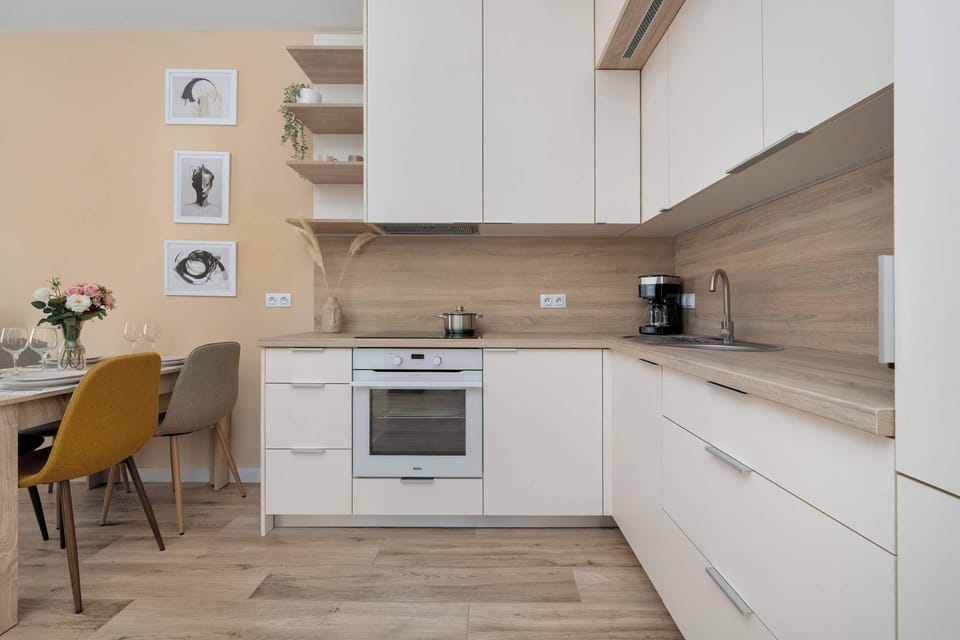 The kitchenette's practical layout maximizes space and functionality.