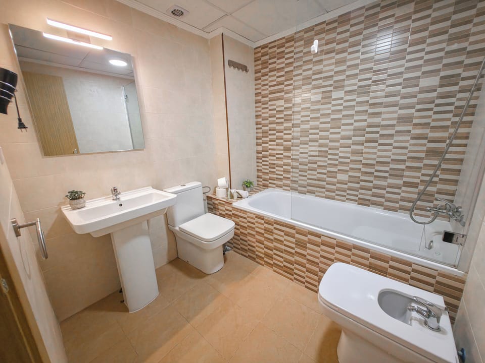 Hair dryer, bidet, towels, soap