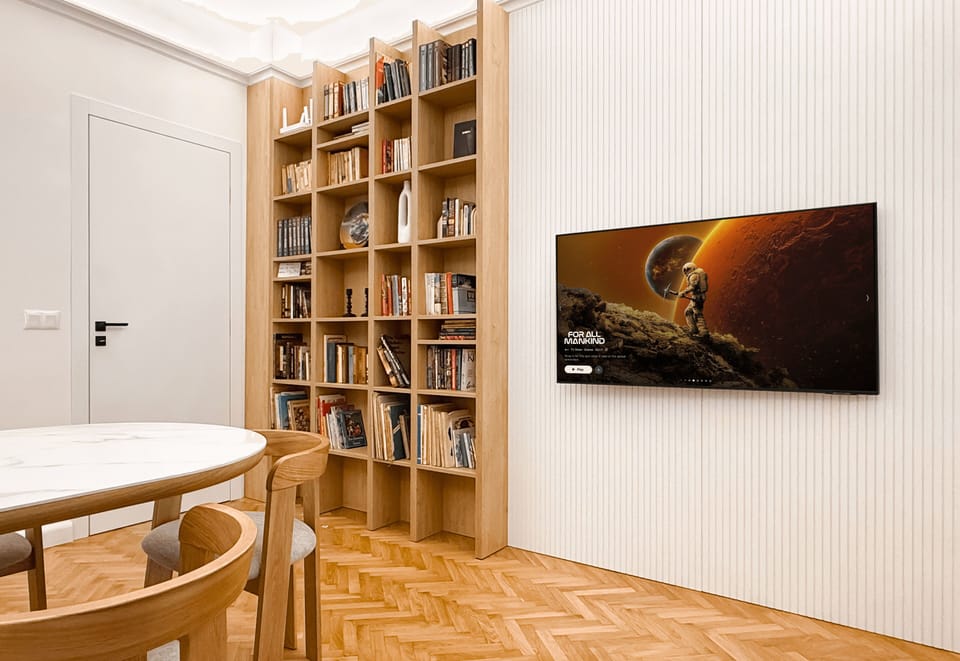 Elegant shelving and crafted wood details