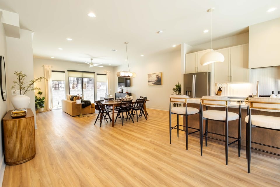 Spacious dining area for group dinners — ideal for celebrations and long stays