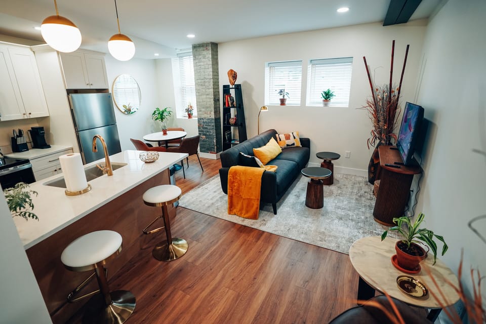 Stylish midcentury modern Cozy with a spacious feel open with Lux amenities.