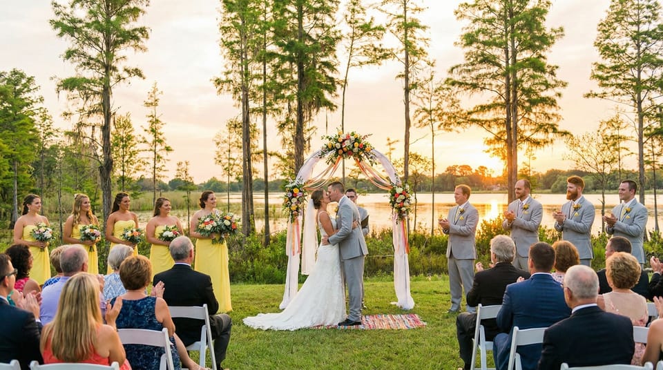 Lakeside wedding venue at Clermont estate with sunset views