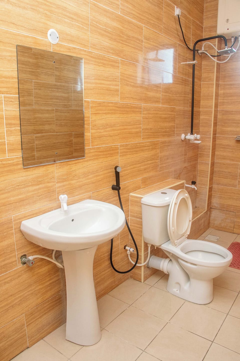 Shower, hair dryer, slippers, towels