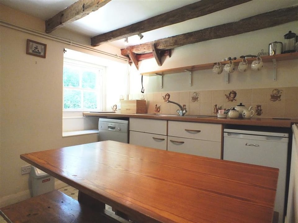Fridge, microwave, dishwasher, cookware/dishes/utensils