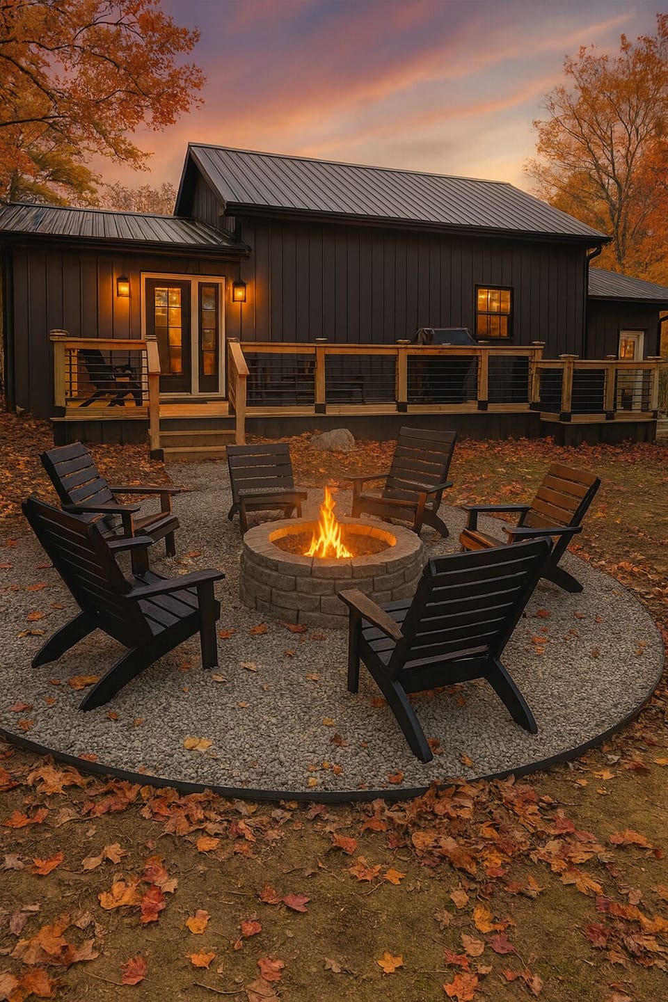 Evenings by the fire pit with seating and peaceful wooded surroundings
