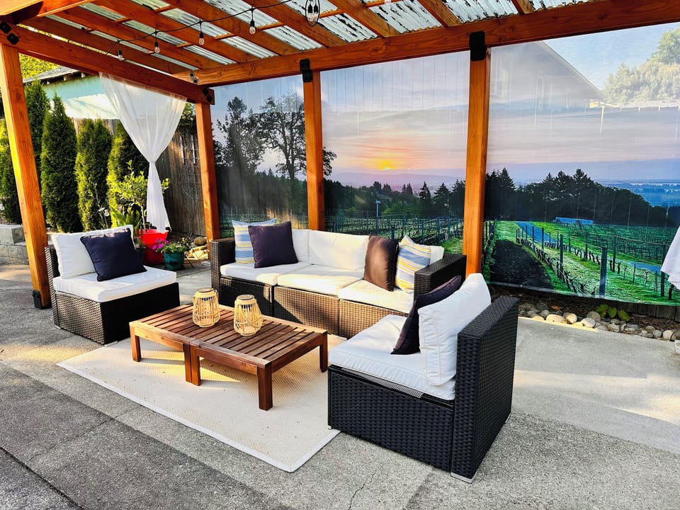 Custom Designed Trellis (not a kit) • Couch • Landscape lighting • BBQ • FirePit