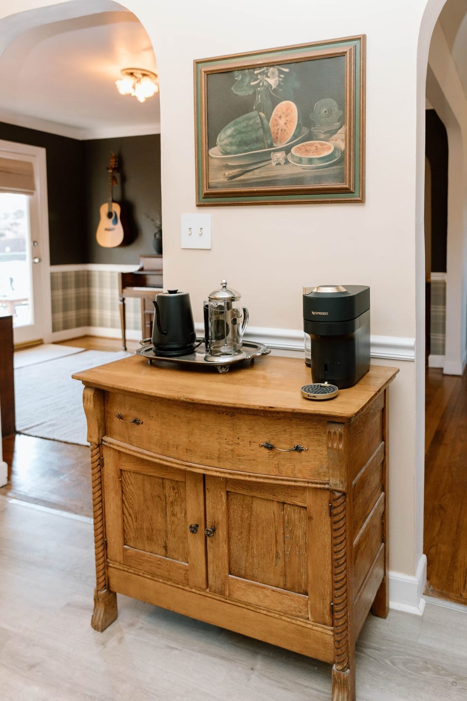 Enjoy a perfect cup with our coffee bar, featuring a Nespresso and French press.