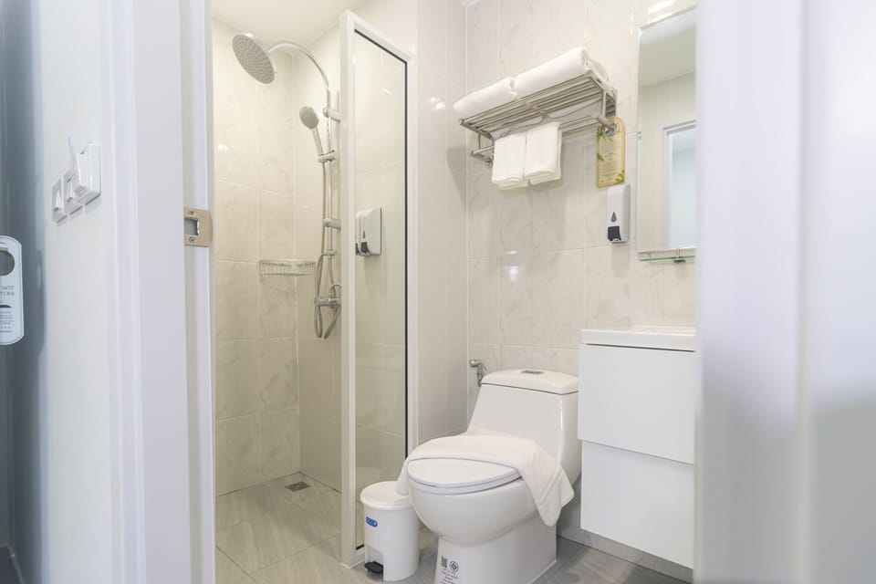 Shower, hair dryer, slippers, bidet
