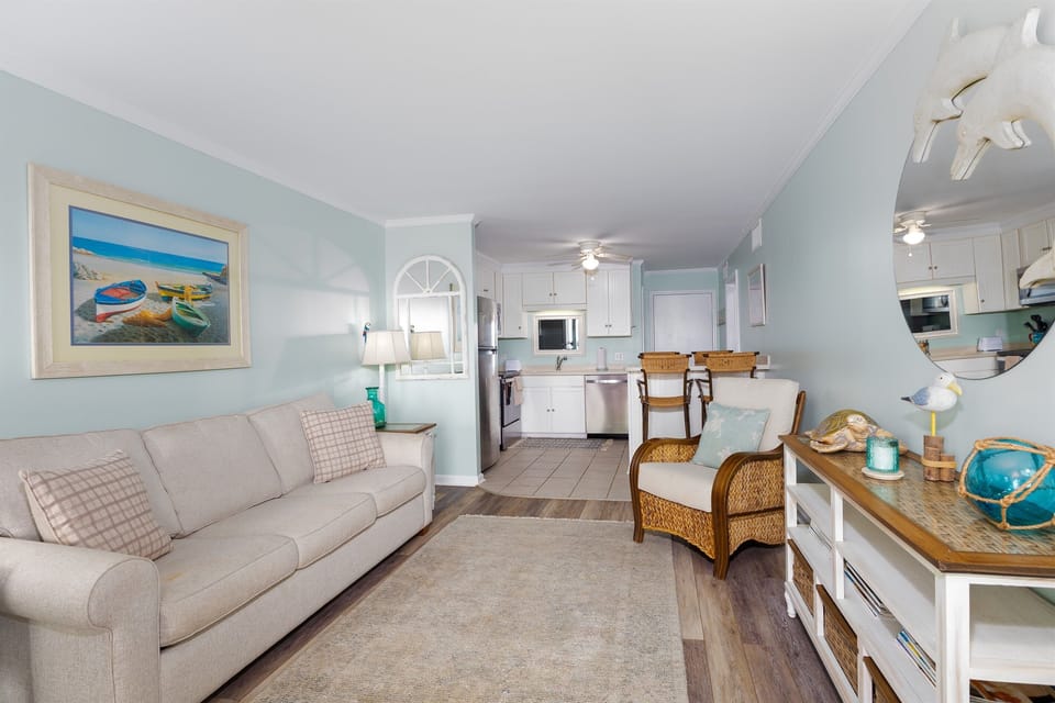 Looking into the kitchen and dining area from the living room