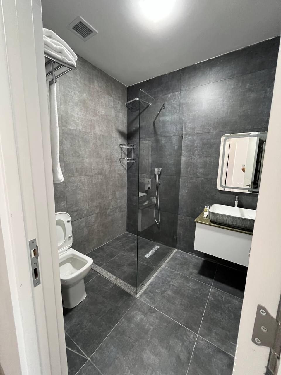 Hair dryer, slippers, towels