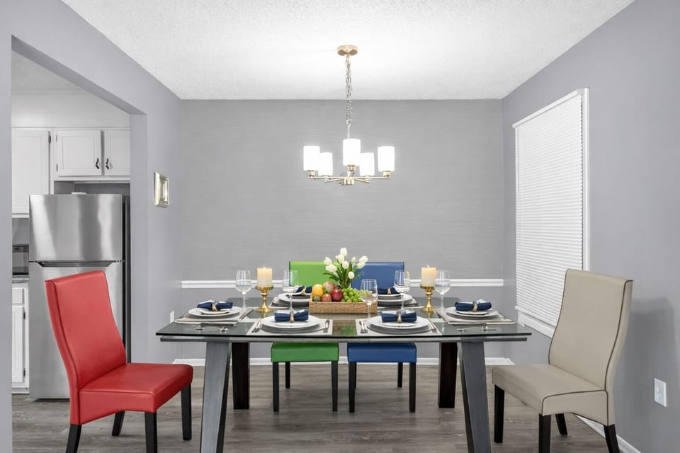 Modern, inviting dining space perfect for meals and gathering together.