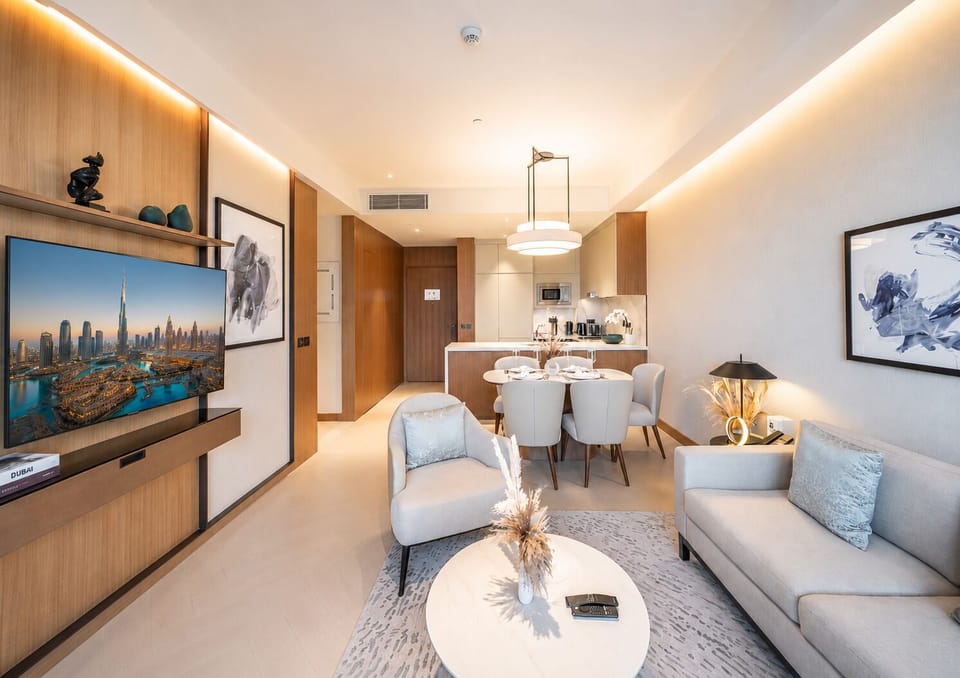 Bright living, dining, and kitchen space with Burj Khalifa views.