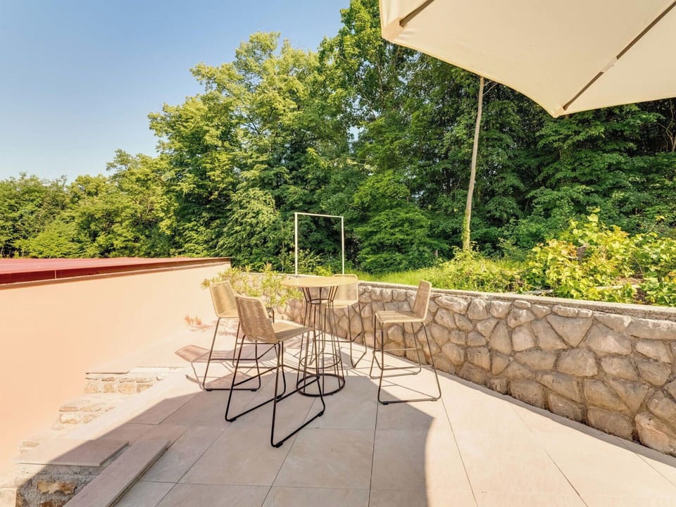 Furniture, Outdoor Furniture, Chair, Outdoor Table, Kitchen & Dining Room Table, Garden, Shade, Backyard, Patio, Wood Stain