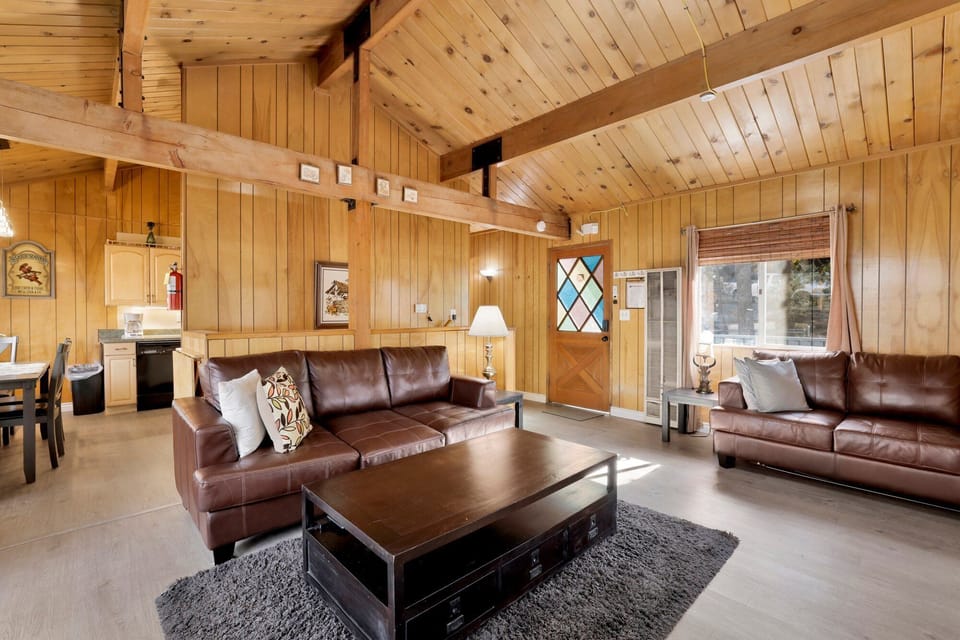 Inviting living room featuring a fireplace, comfortable seating, and a sofa bed perfect for family time and extra sleeping space