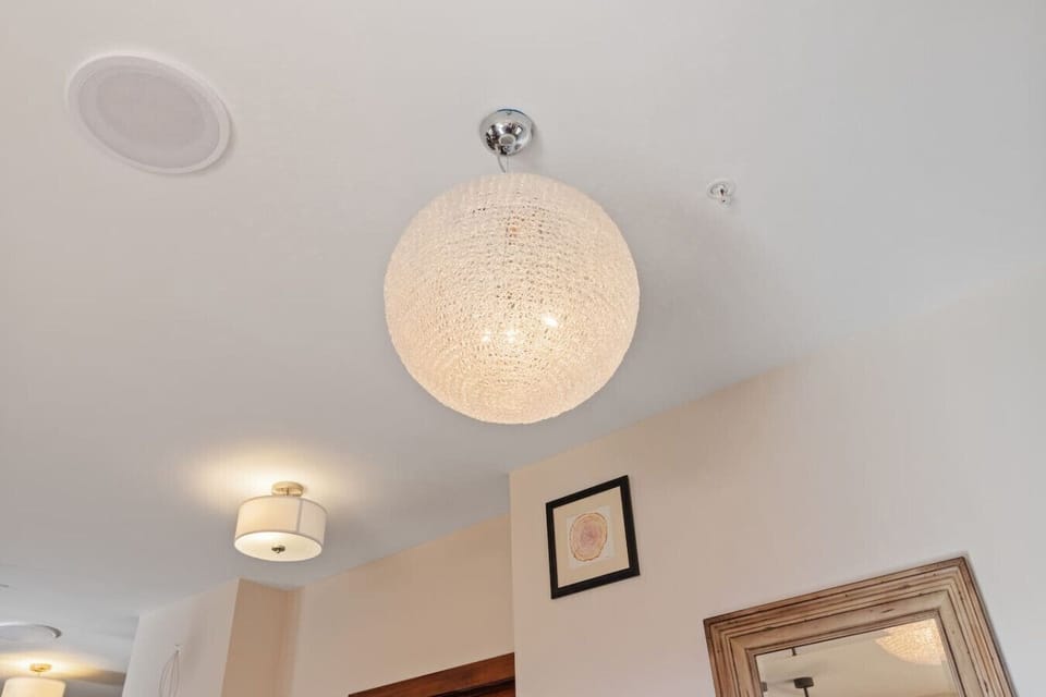 Elegant chandelier sphere adds a modern glow above the live-edge dining table