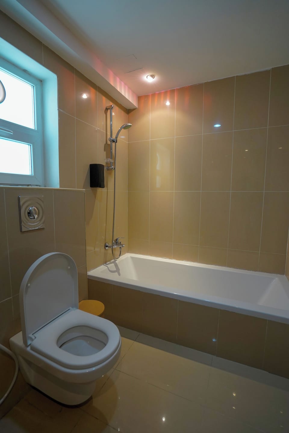 Hair dryer, towels, soap, shampoo