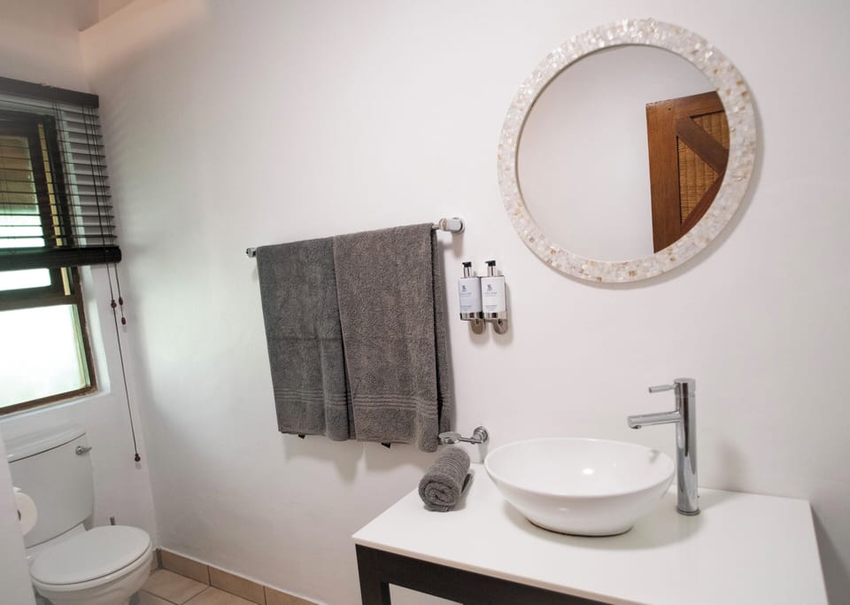 Shower, towels, soap, shampoo